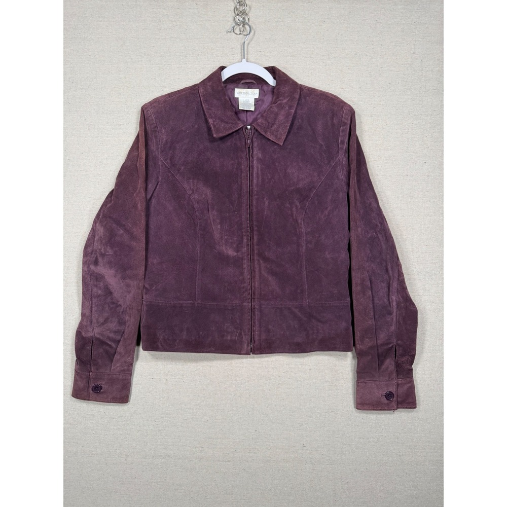 Worthington Plum Purple Suede Leather Zip Up Jacket Womens Large Lined Pig Split